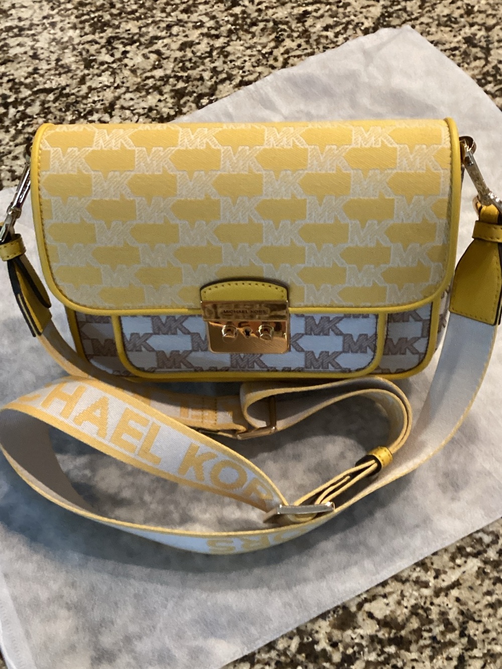 Michael Kors Yellow and White Signature Canvas Crossbody with Gold Hardware.